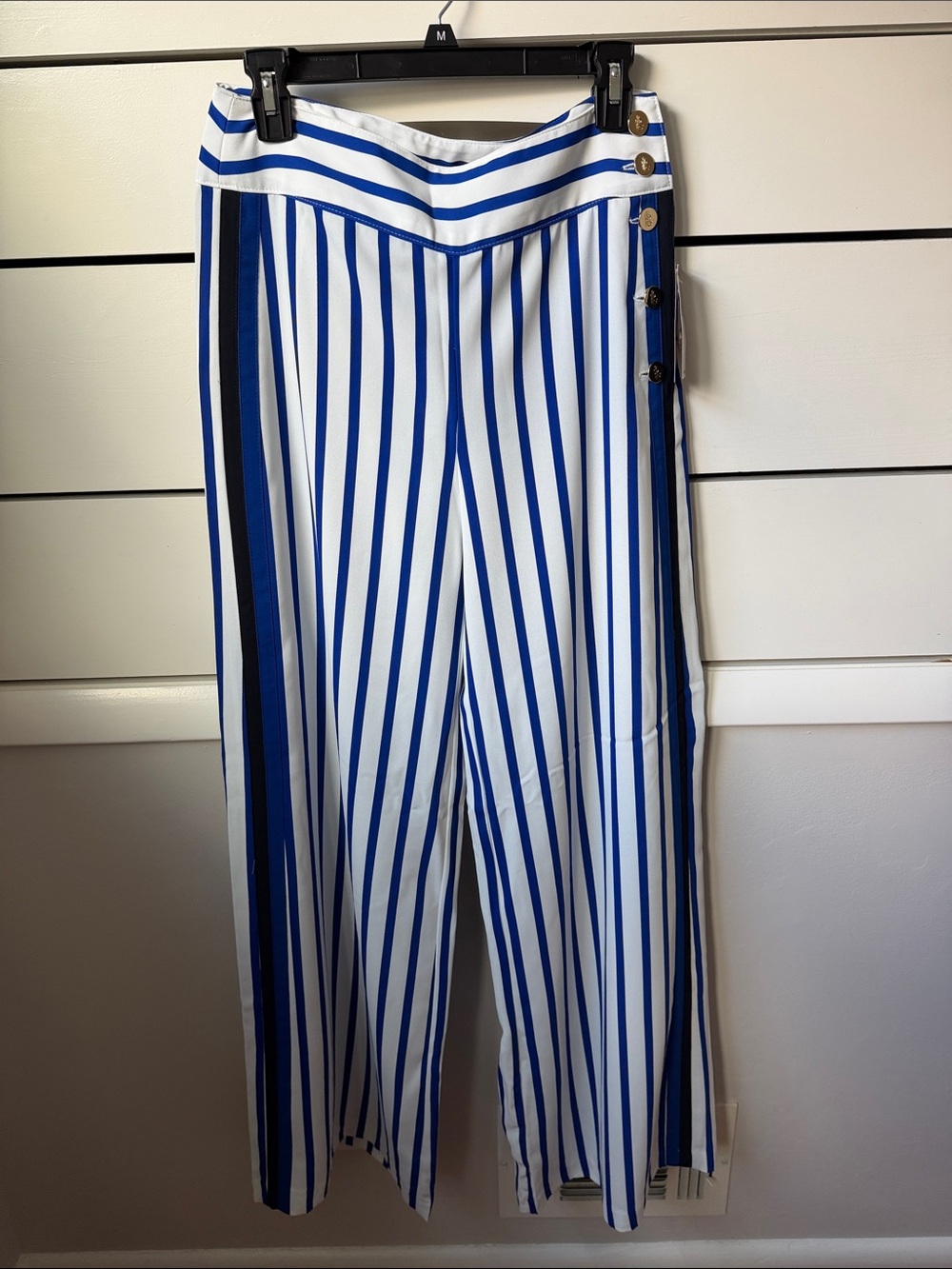 Lauren Ralph Lauren Blue and White Striped Wide-Leg Pants with Side Buttons